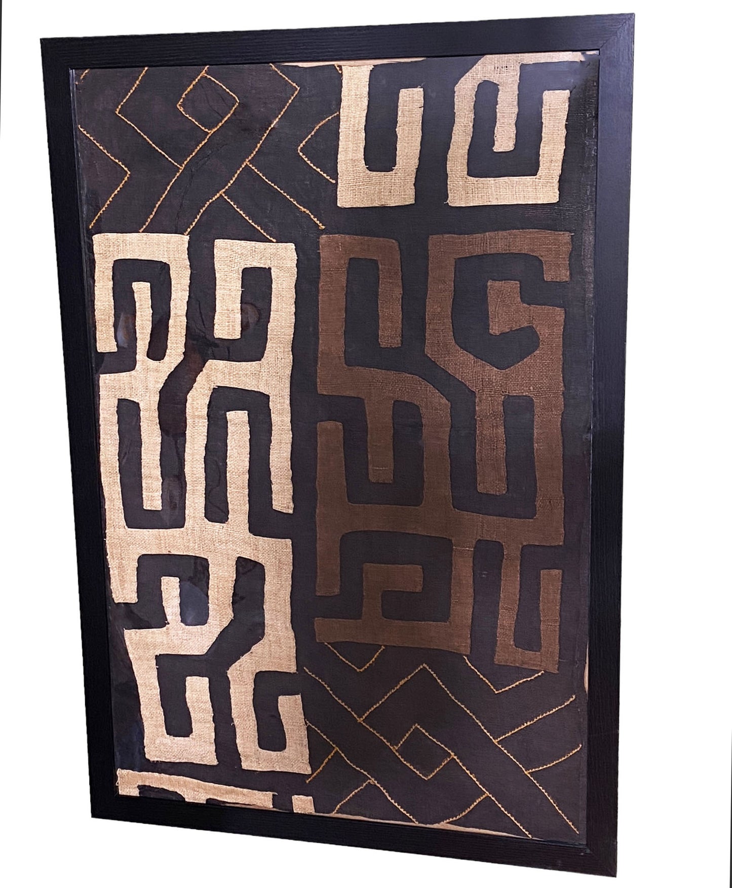 #5333 African tribal Kuba Kasai Raffia Appliqué  Textile  Framed 24" by 36"