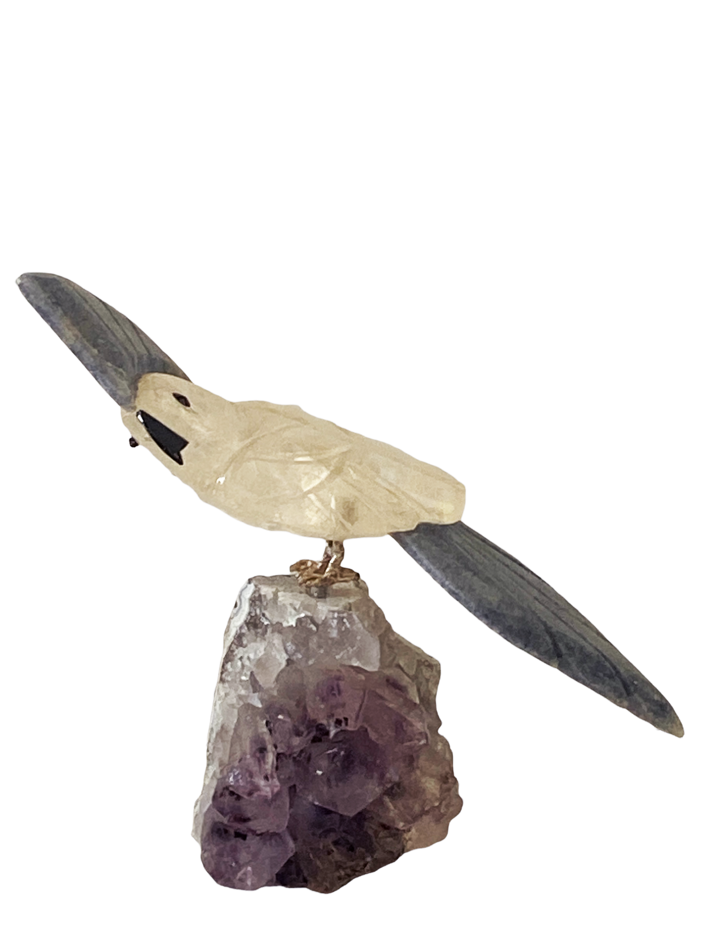 #4834 Realistic Semi precious Stones Amethyst /Crystal Quartz /Cockatoo 5"H