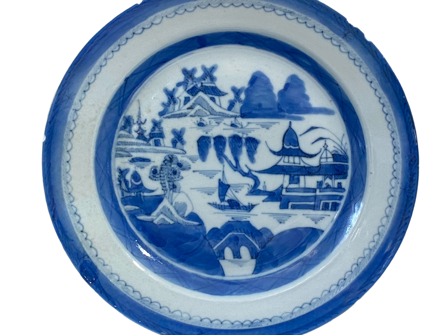 #3179 19th Century Chinese Canton Blue and White Porcelain Pagoda Motif Plate 8.5' D