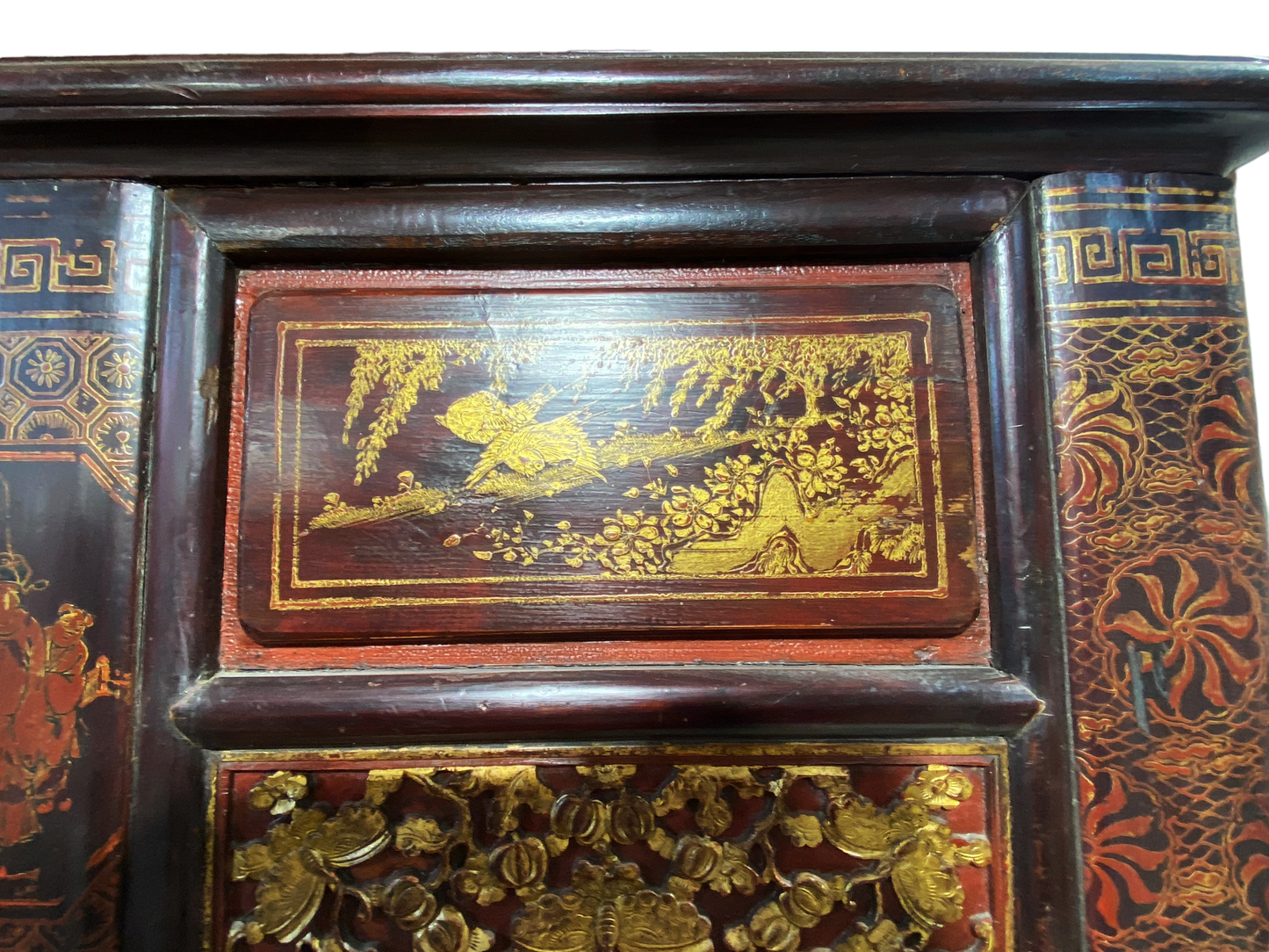 #5055 Large Antique Chinoiserie Lacquer Wood  Panel With Mirror  78.5" H