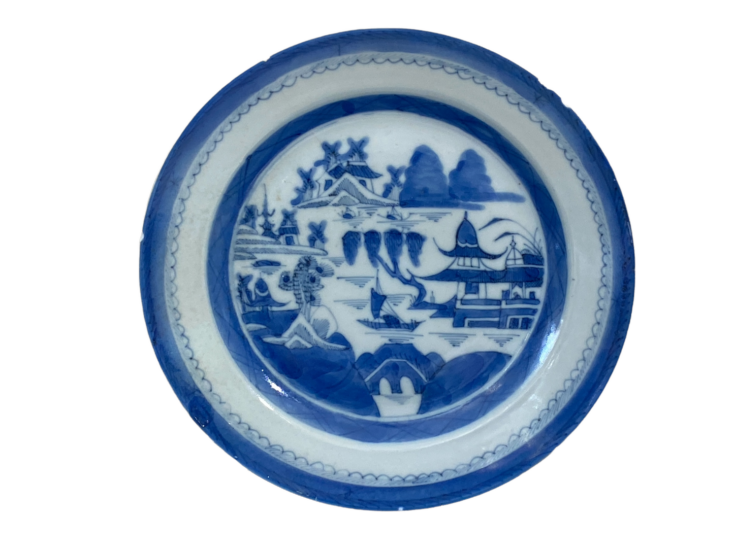 #3179 19th Century Chinese Canton Blue and White Porcelain Pagoda Motif Plate 8.5' D