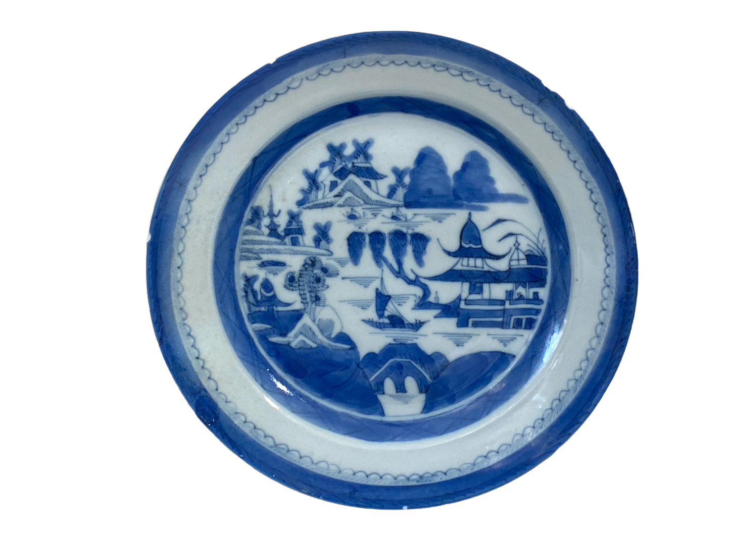 #3179 19th Century Chinese Canton Blue and White Porcelain Pagoda Motif Plate 8.5' D
