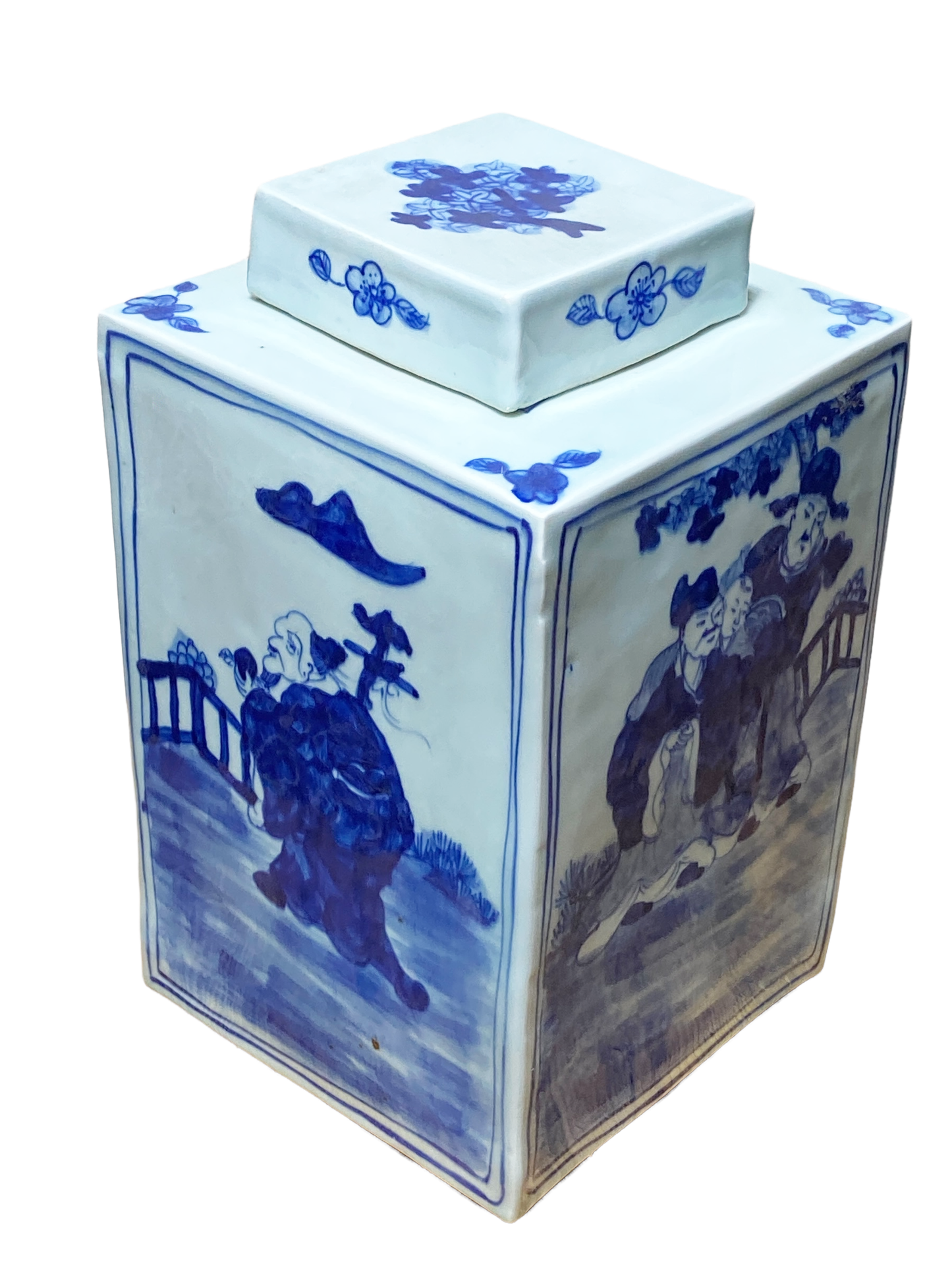 #4821 Chinoiserie  Square  Porcelain Blue & White Ginger Jar 12" H
