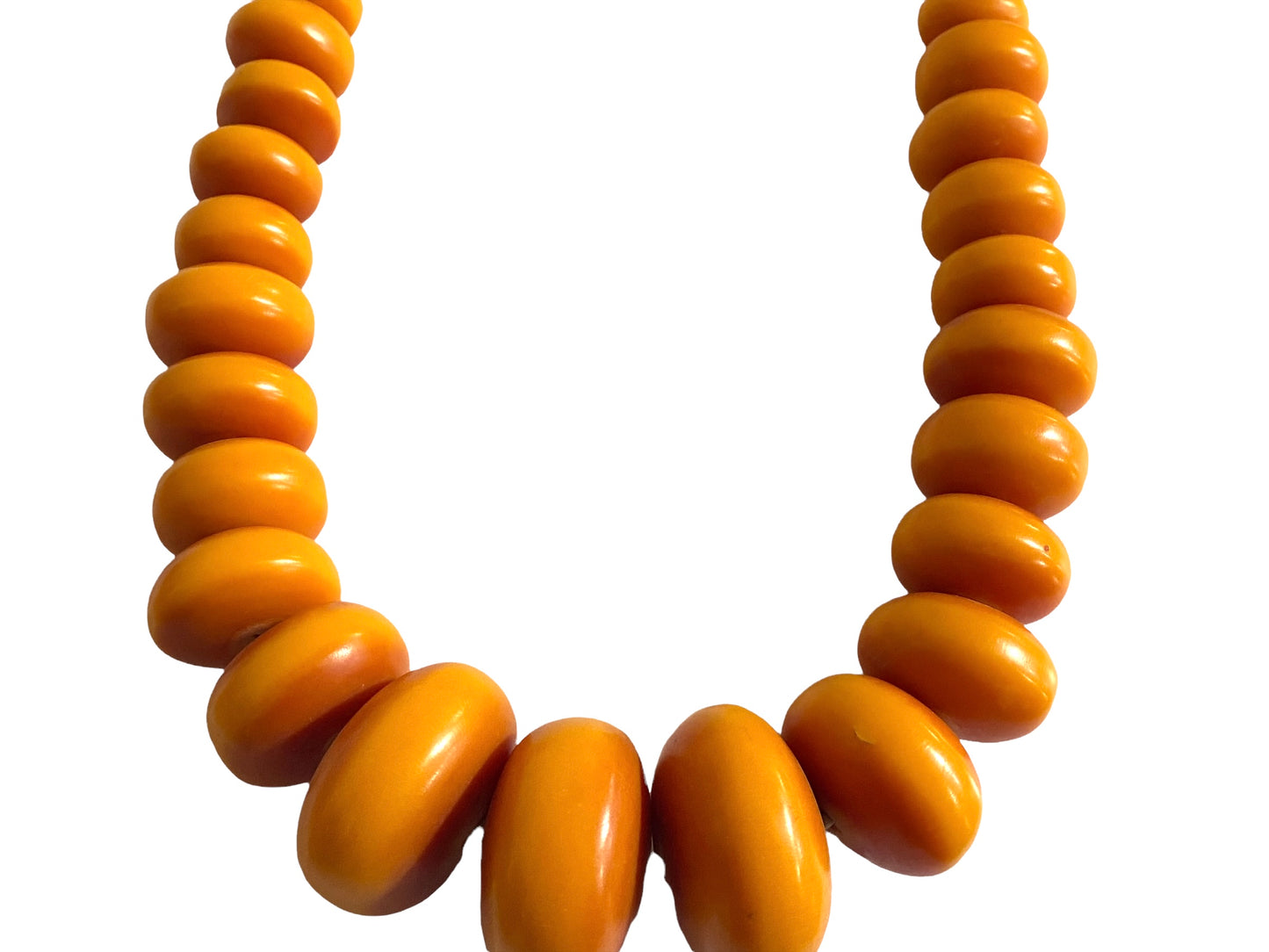 #4554 Superb LG Vtg African Simulated Amber Necklace w/ 71 trade beads