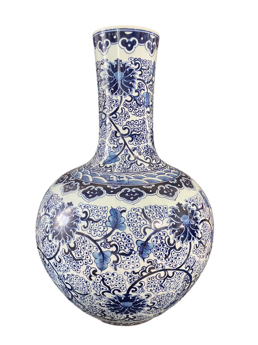 #2365 Chinoiserie Blue & White Porcelain Onion Shape Vase 21" H