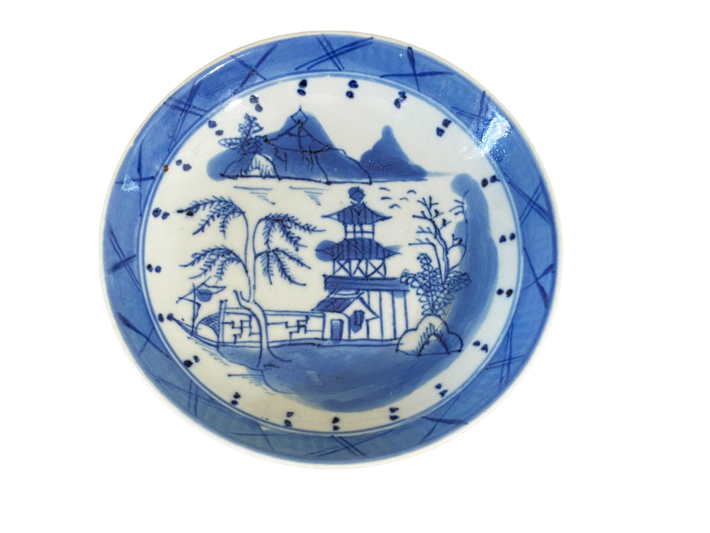 #4842 19th Century Chinese Canton Blue and White Porcelain Pagoda Motif Plate 5.5" D