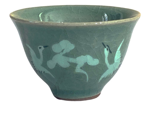 #4264 Vintage Korean Green Celadon Tea Cup Flying Crane Motif
