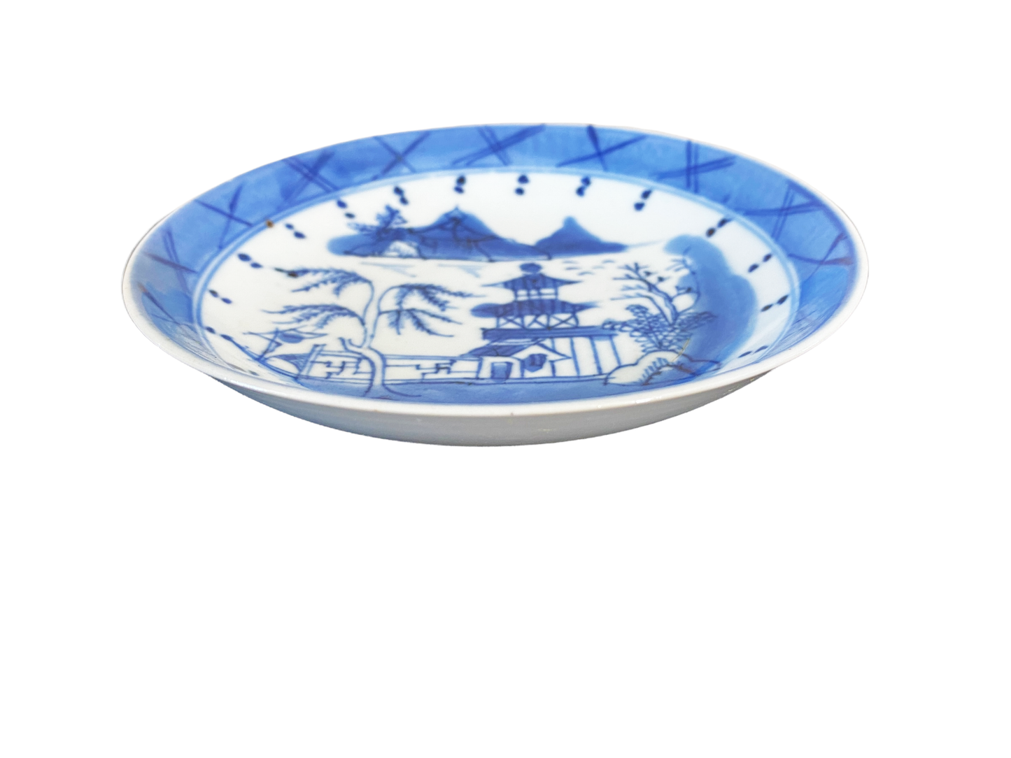#4842 19th Century Chinese Canton Blue and White Porcelain Pagoda Motif Plate 5.5" D