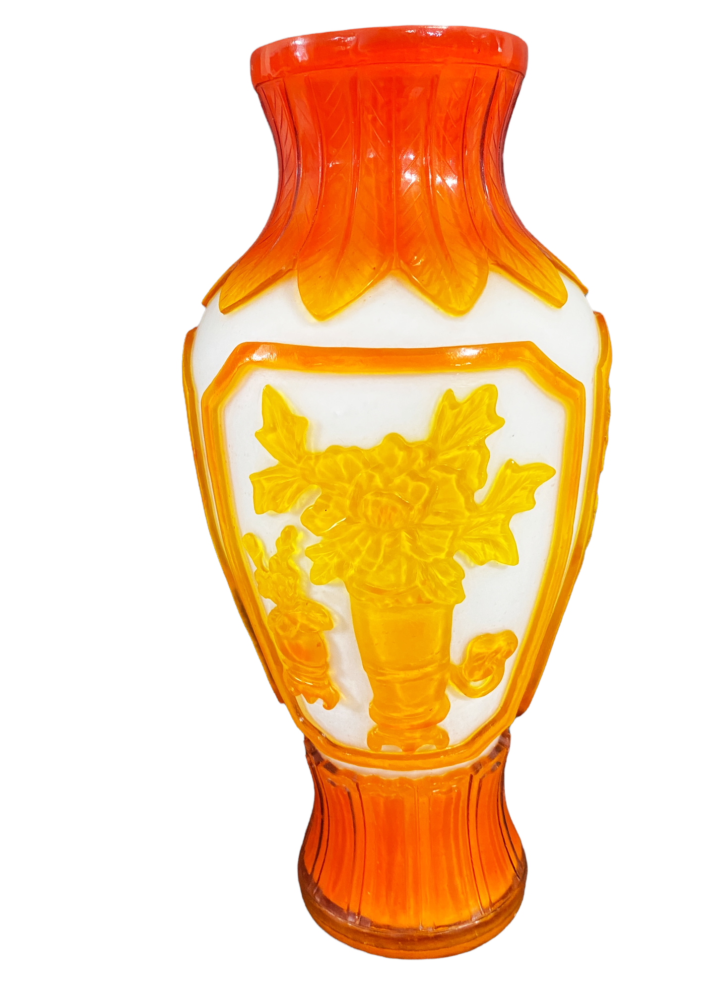 #4712 Stunning Old High-Relief Peking Glass Vase 12.25" H