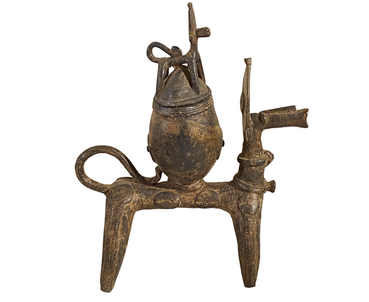 #4910 African Nobility Ceremonial Dogon Bronze Horse w/ Covered Container 12" H