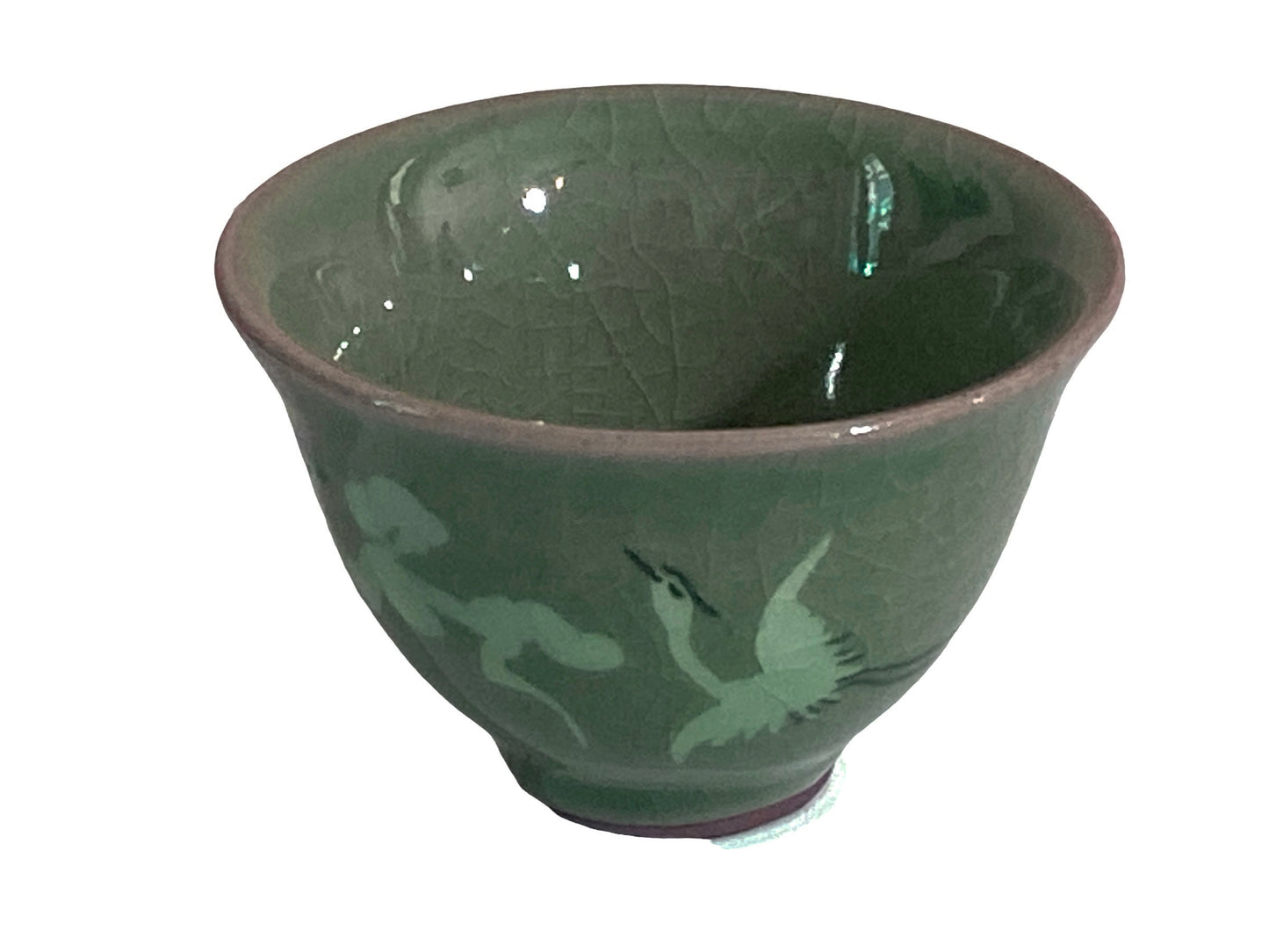 #4264 Vintage Korean Green Celadon Tea Cup Flying Crane Motif