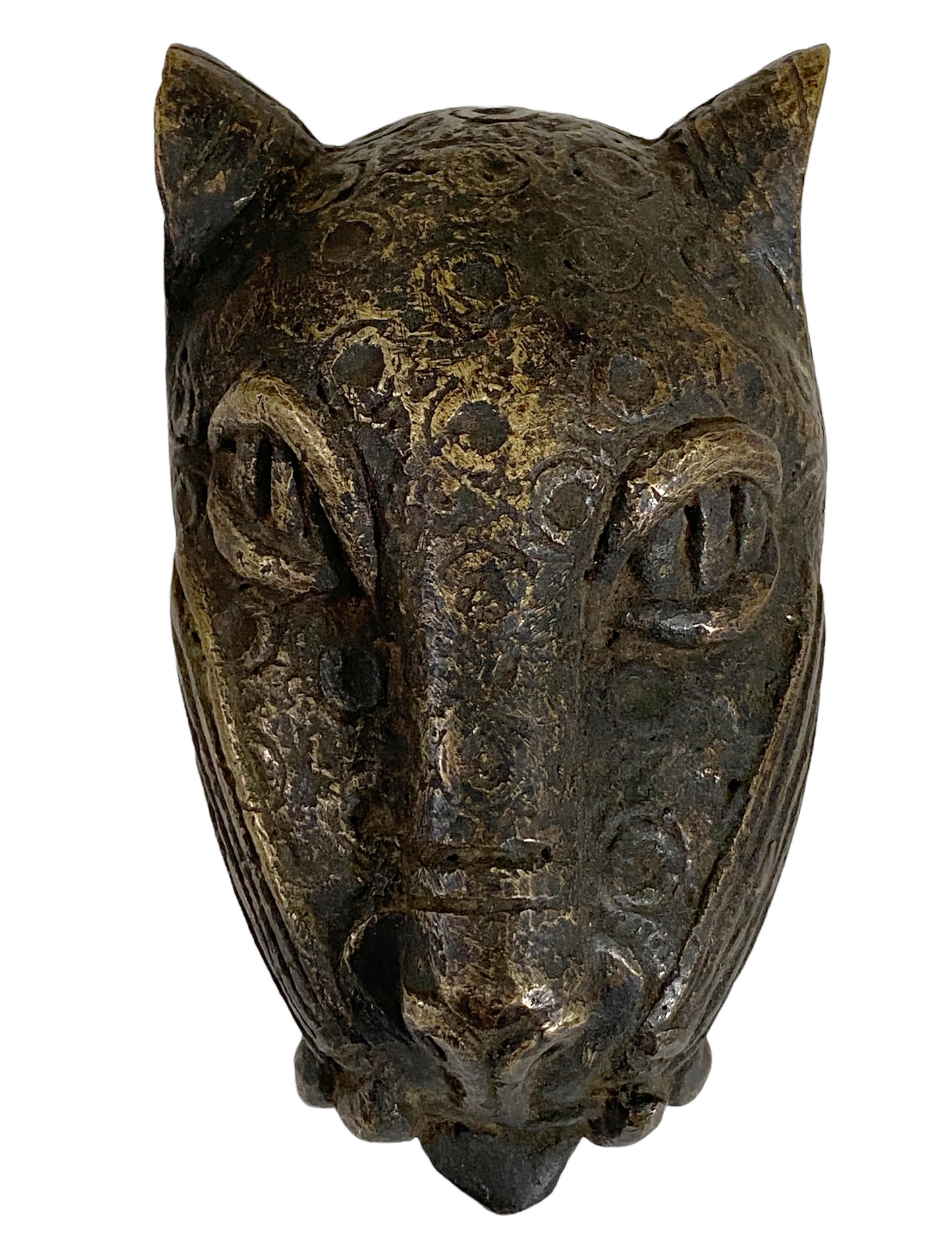 #4809  Benin bronze Leopard head Nigeria African 4.75" H