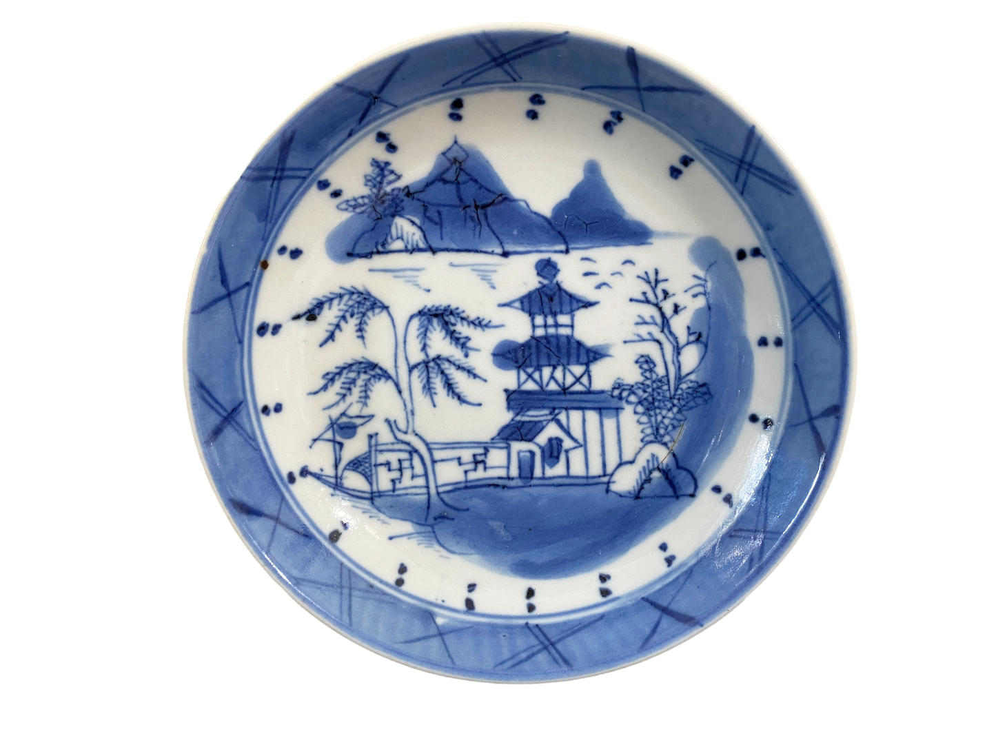 #4842 19th Century Chinese Canton Blue and White Porcelain Pagoda Motif Plate 5.5" D