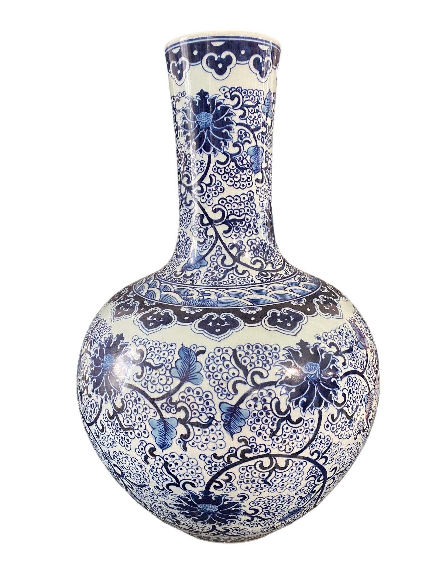 #2365 Chinoiserie Blue & White Porcelain Onion Shape Vase 21" H