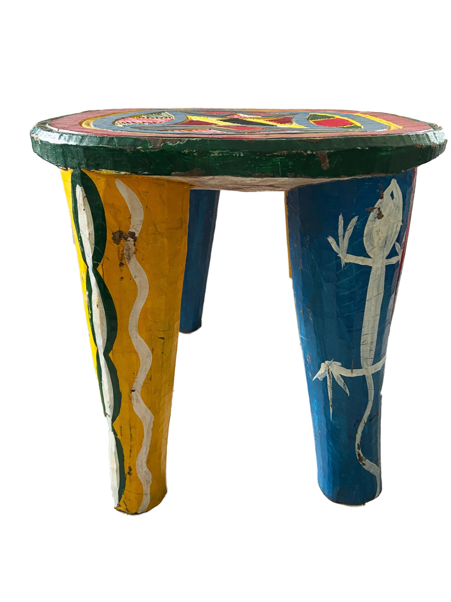 #3554 Superb African LG Colorful Nupe Stool Nigeria 12" h