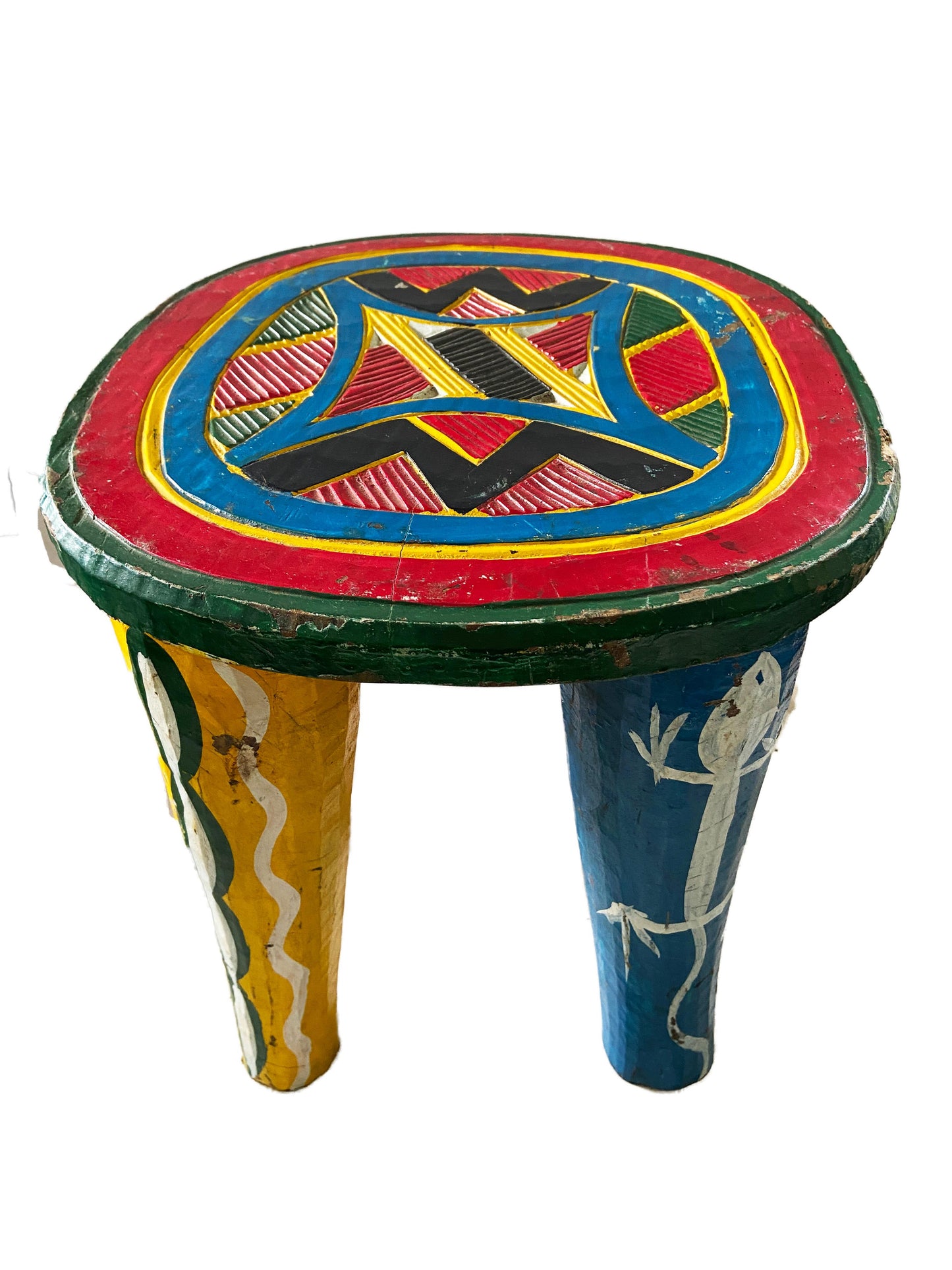 #3554 Superb African LG Colorful Nupe Stool Nigeria 12" h