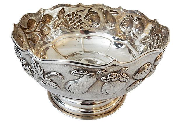 #3759 Old Ornate Repousse Fine Silver Bowl Marked 900