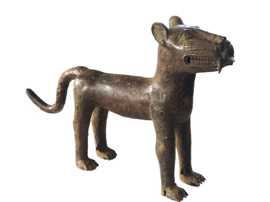 #4310 LG Benin Bronze Leopard 13.75" H  by 23" D Nigeria