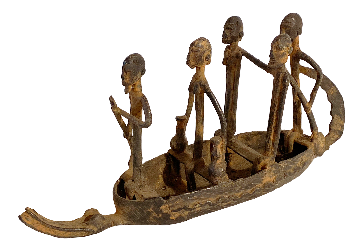 #4011 Dogon Bronze Pirogue  Crocodile Boat W/ figures , Mali  10.5" W