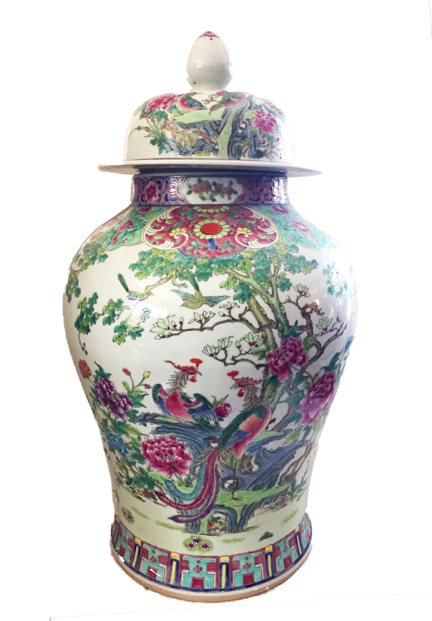 #1868 LG Chinese H Painted Porcelain  Famille Rose Ginger Jar w/ Phoenix  25.5" H