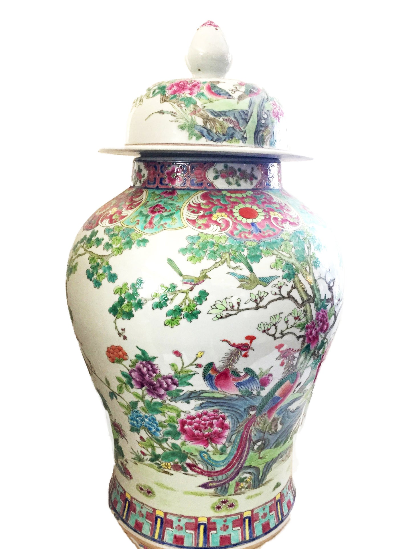 #1869 LG Chinese H Painted Porcelain  Famille Rose Ginger Jar w/ Phoenix  26" H