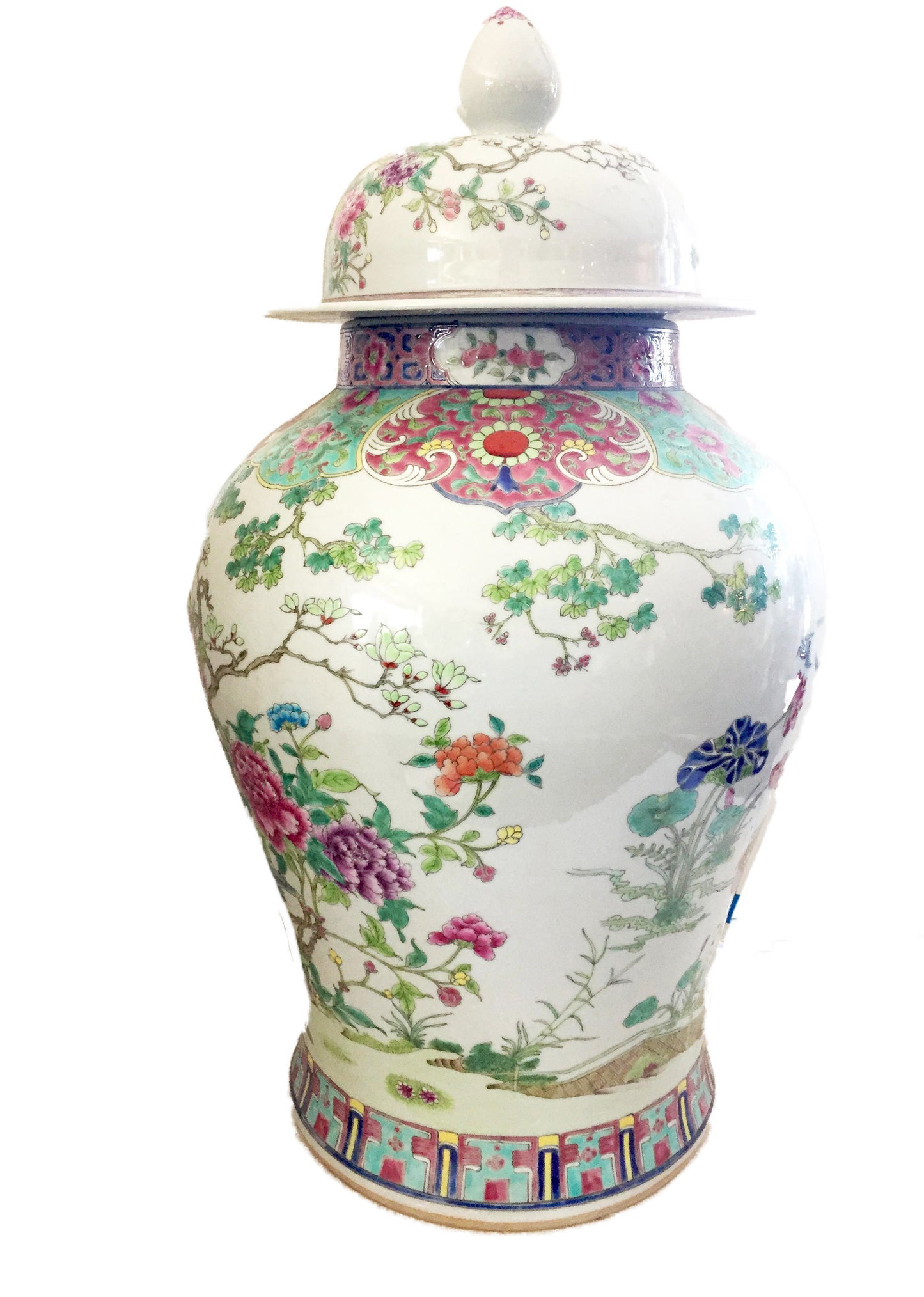 #1868 LG Chinese H Painted Porcelain  Famille Rose Ginger Jar w/ Phoenix  25.5" H