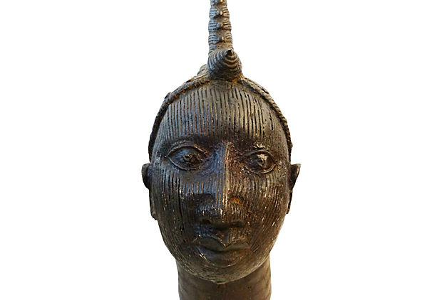 #3906/ok168 Superb old LG Benin Bronze Brass Head of Oba Nigeria African 17" h