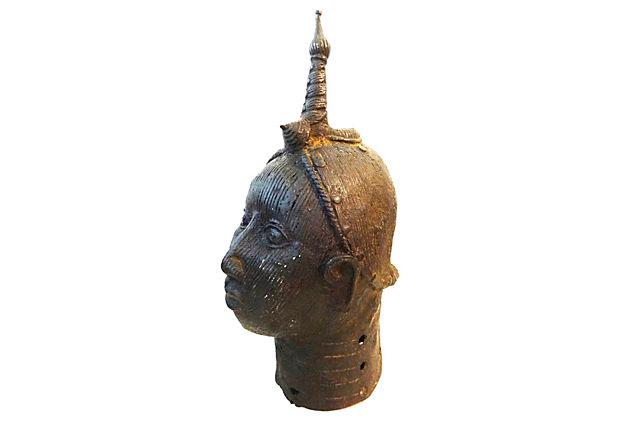 #3906/ok168 Superb old LG Benin Bronze Brass Head of Oba Nigeria African 17" h