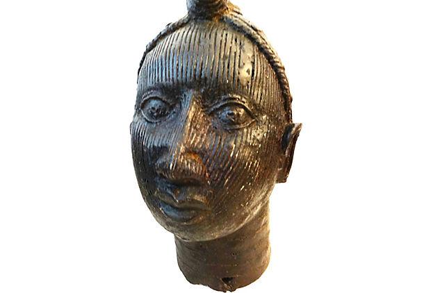 #3906/ok168 Superb old LG Benin Bronze Brass Head of Oba Nigeria African 17" h