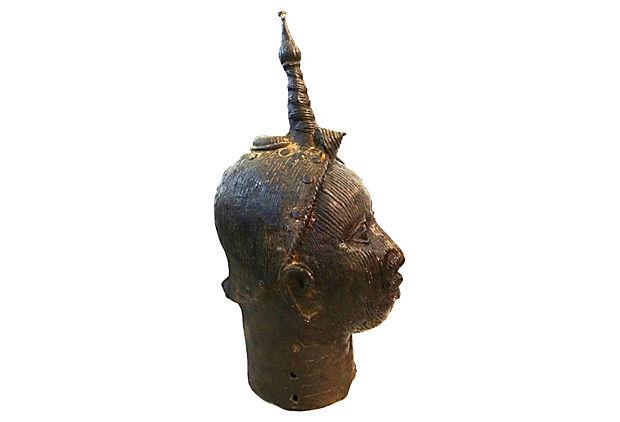 #3906/ok168 Superb old LG Benin Bronze Brass Head of Oba Nigeria African 17" h