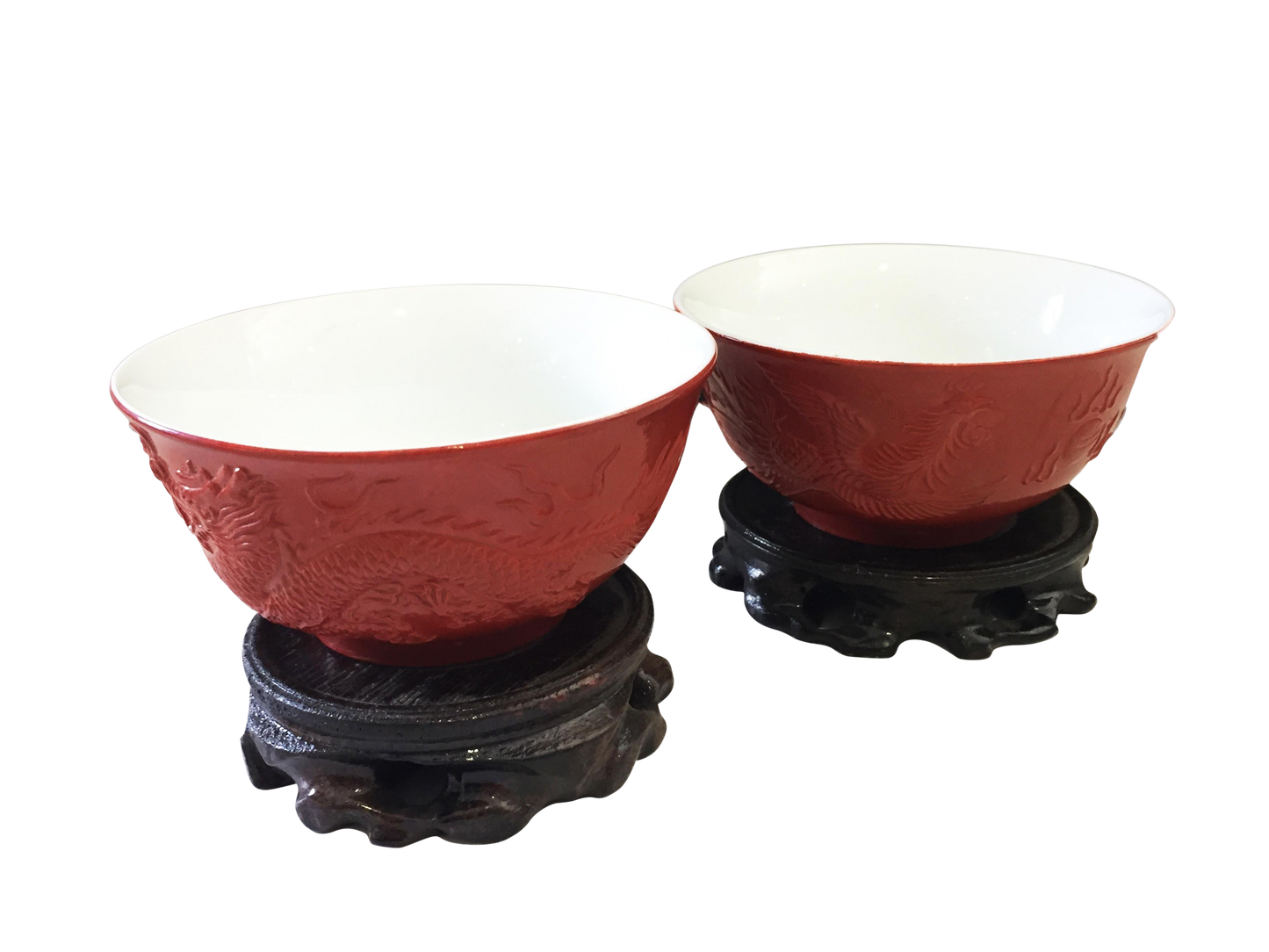 #1218c Chinoiserie Marriage Porcelain Bowls Dragon & Phoenix S/2