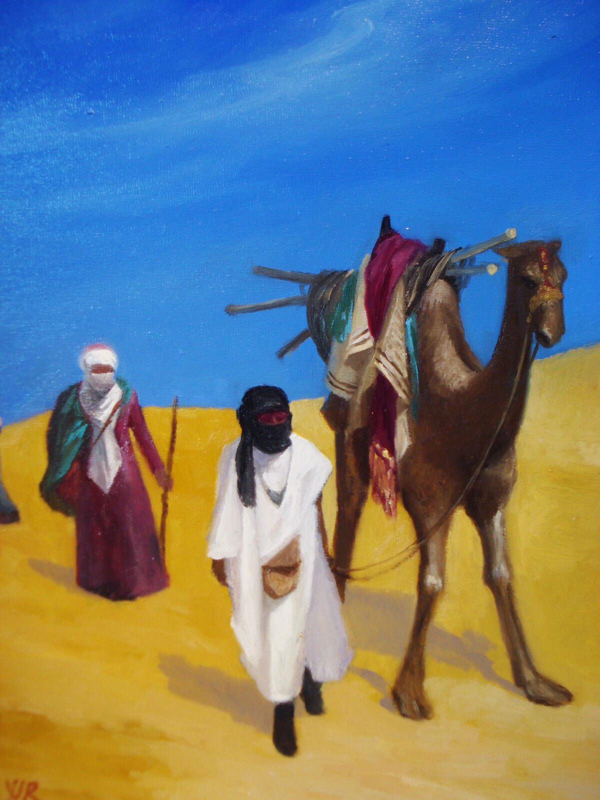#2157 Oil on Board Orientalist Painting Bedouins in the Desert