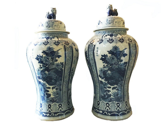 #930 Large Chinoiserie B & W Porcelain Ginger Jars - a Pair 47.5" H