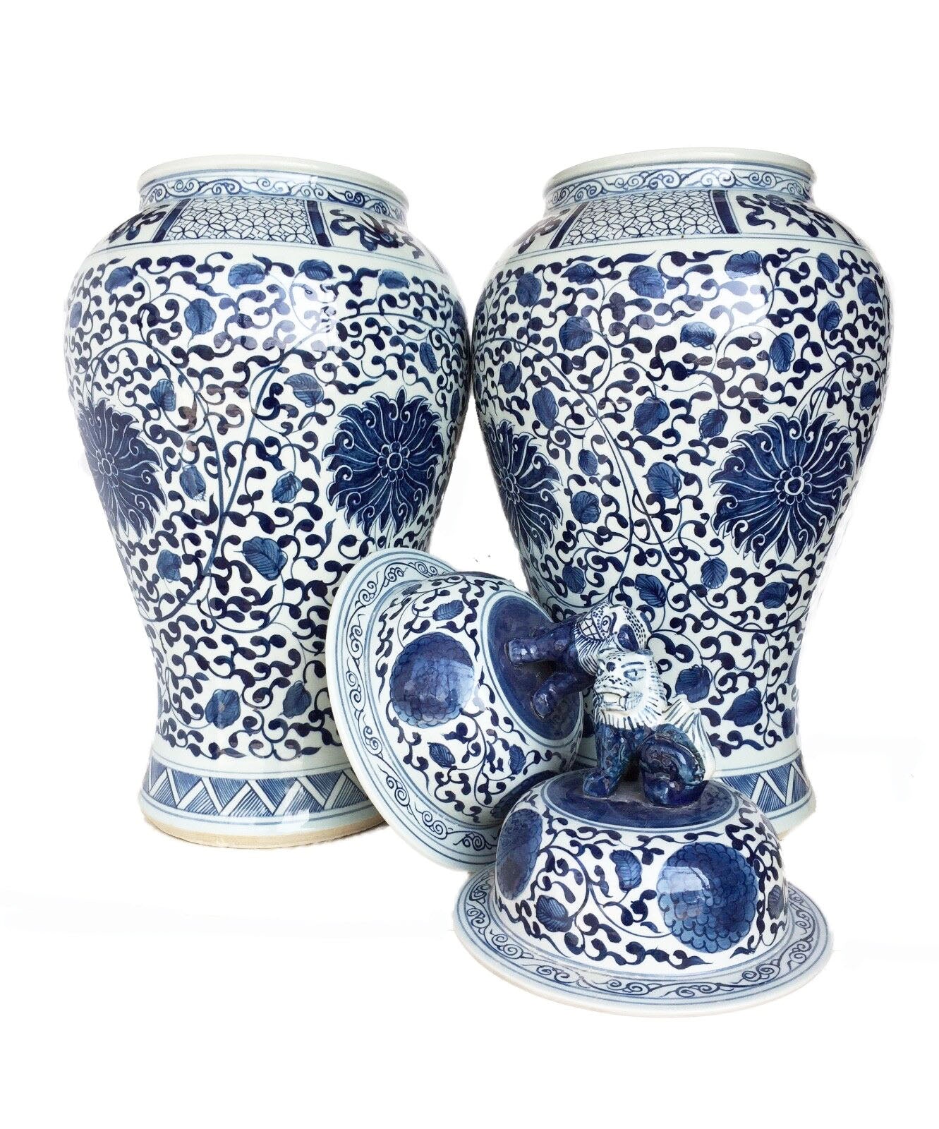 #996 Large Chinoiserie Blue and White Porcelain Ginger Jars -Pair