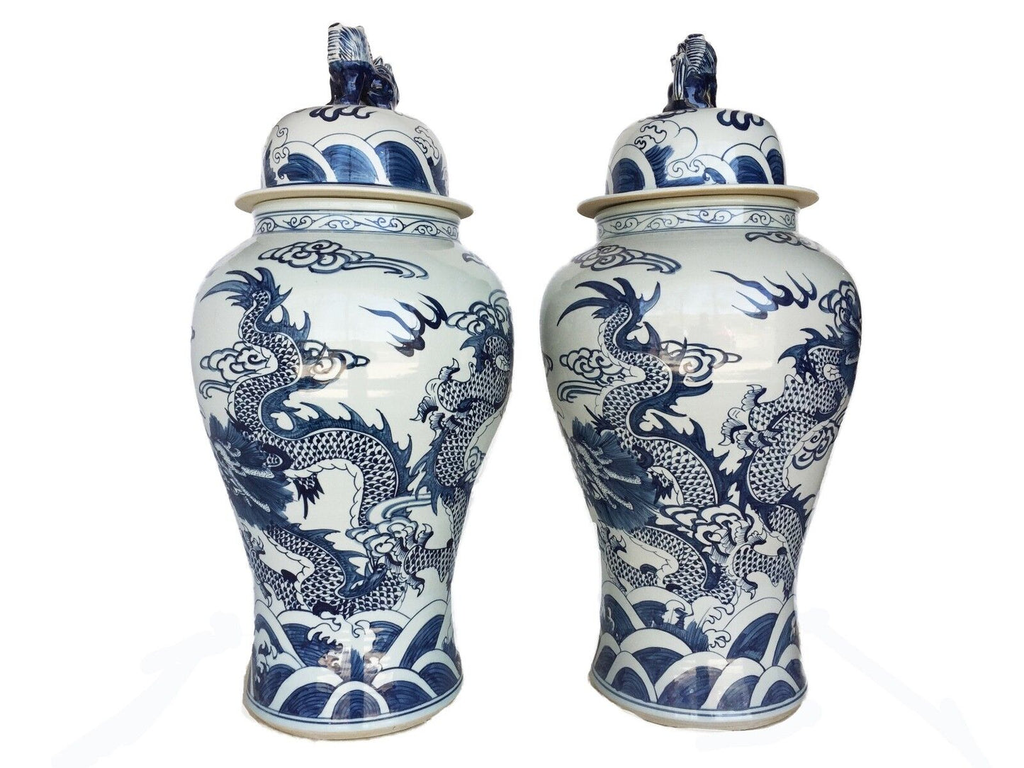 #976 LG Chinoiserie B & W Porcelain Ginger Jars Dragons Pair 35.5" H