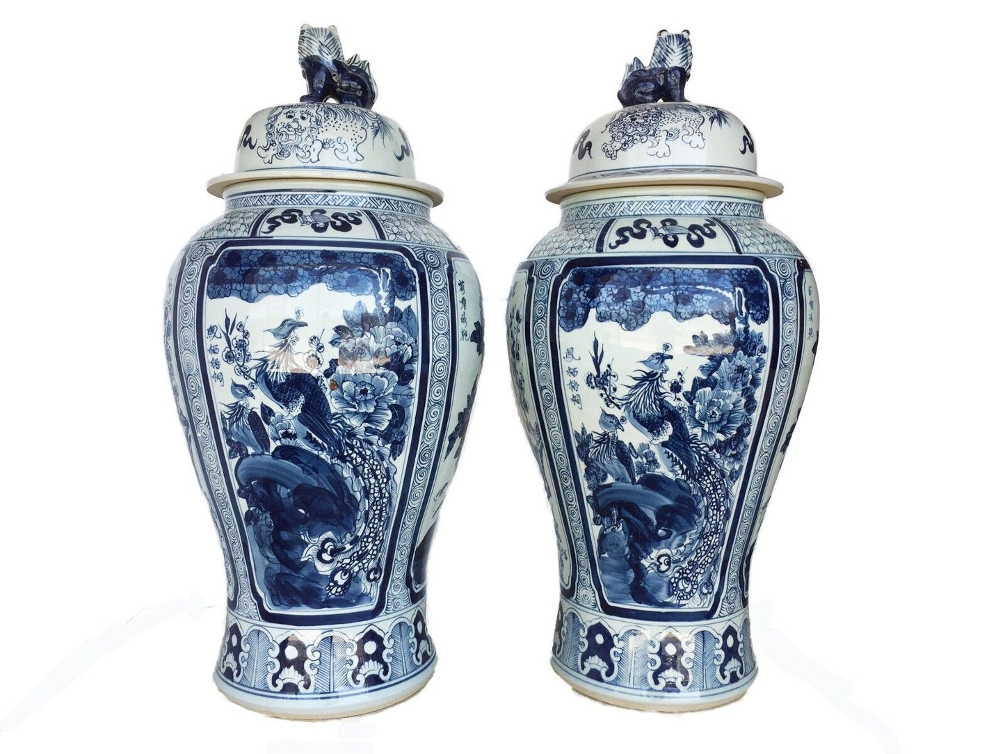 #975 Mansion Size Chinoiserie B & W Porcelain Ginger Jars four seasons Pair 35.5" H