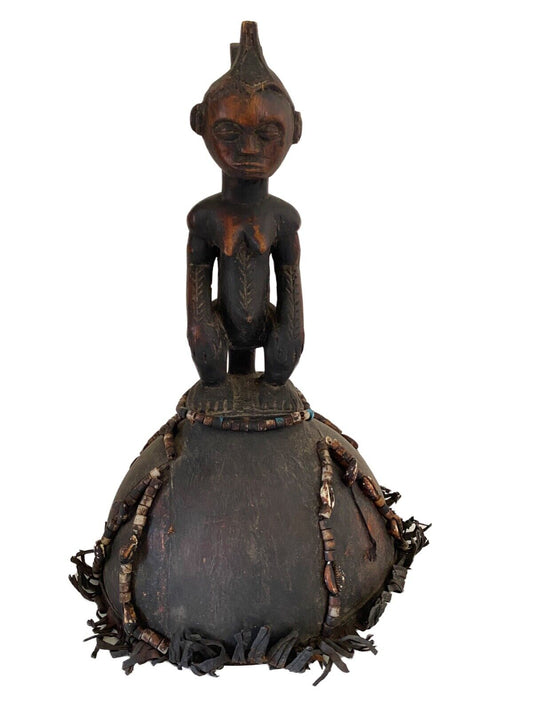 #3962 African Old Senufo Royal Hat Skull With a Female Sculpture Côte d'Ivoire 15" H