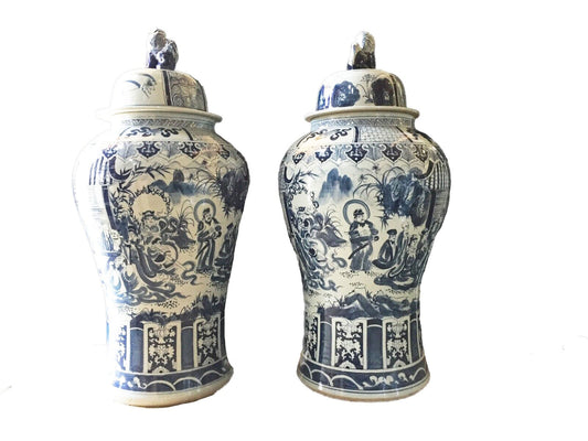 #914 Large Chinoiserie B & W Porcelain Ginger Jars - a Pair 47" H