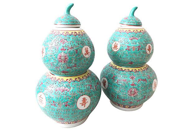 #290  Chinoiserie Double Gourd Vases Pair